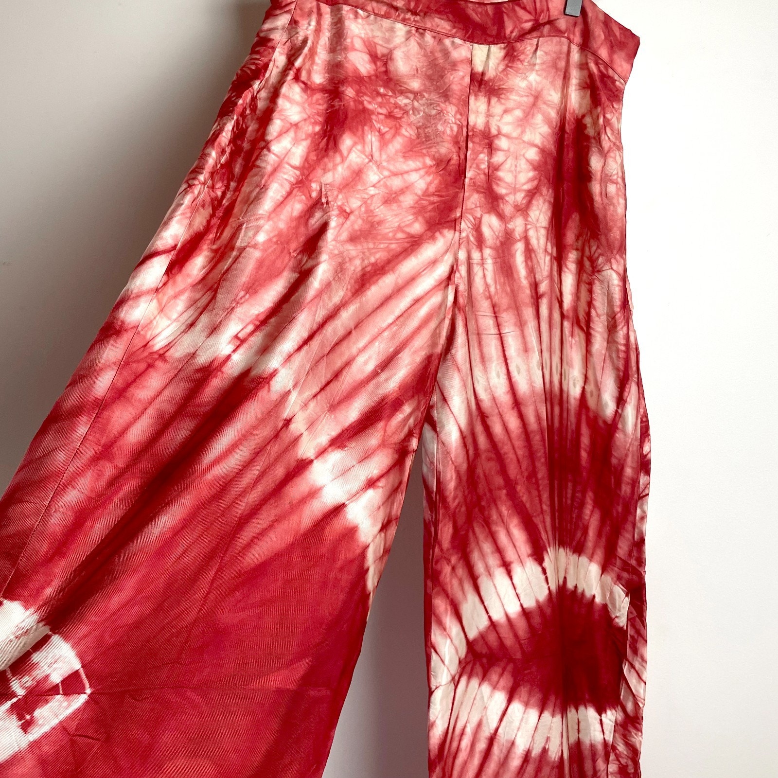 Vintage Hand Made Red Tie Dye Satin Wide Leg Pants Medium Boho Hippie Festival